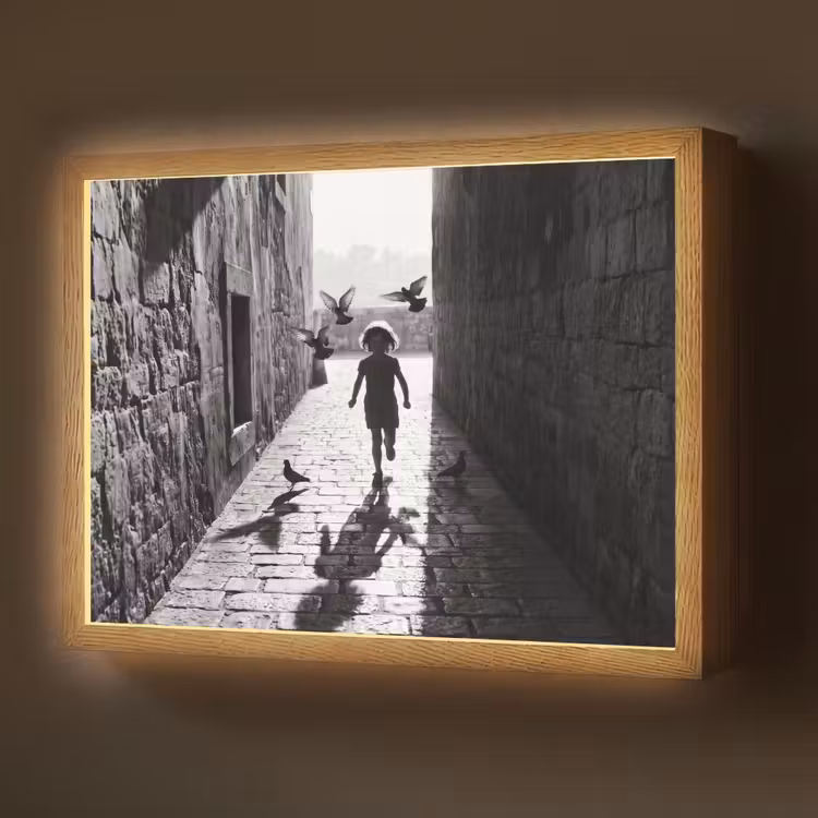 Lightbox - Wandlamp - Kind - Vogel - Straat - Zwart-wit - Spelen — 1