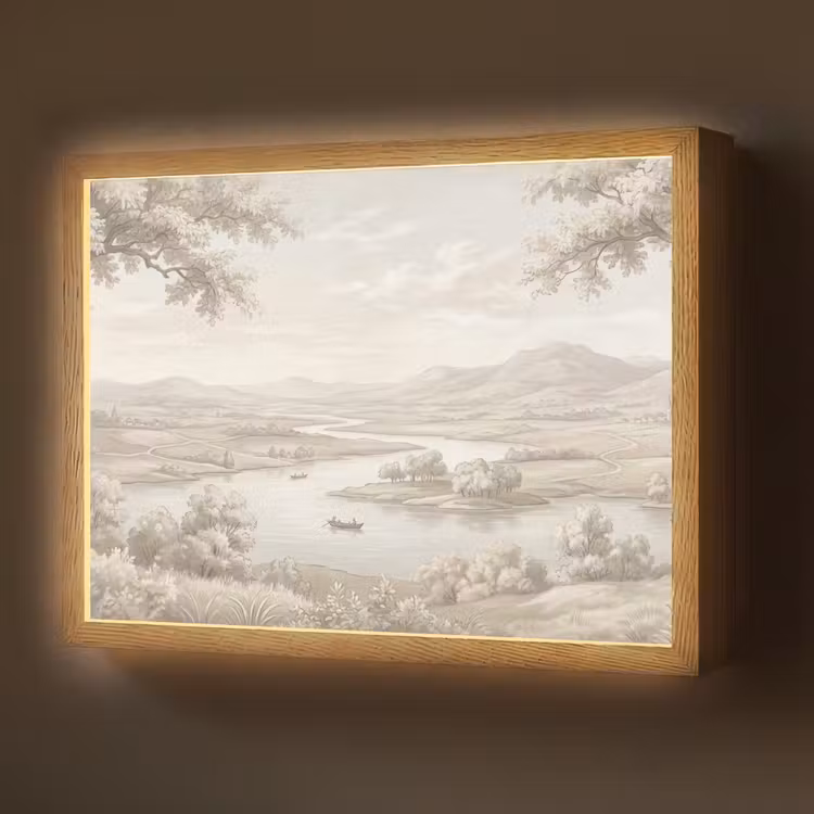Lightbox - Wandlamp - Rivierlandschap - Bergen - Natuur - Vintage - Beige — 1