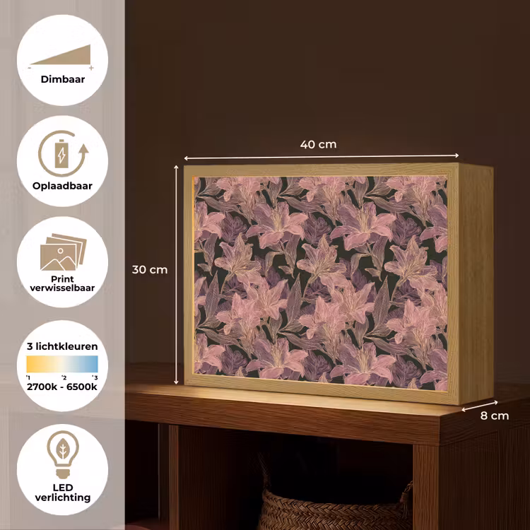 Lightbox - Wandlamp - Lelies - Patroon - Paars - Goud — 10