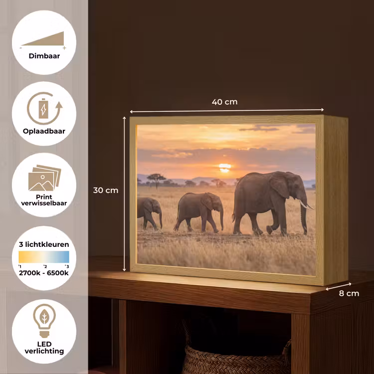Lightbox - Wandlamp - Olifanten - Savanne - Zonsondergang - Afrika - Warm — 10