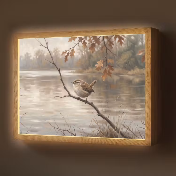 Lightbox - Wandlamp - Winterkoninkje - Tak - Rivier - Natuur - Sfeervol — 1