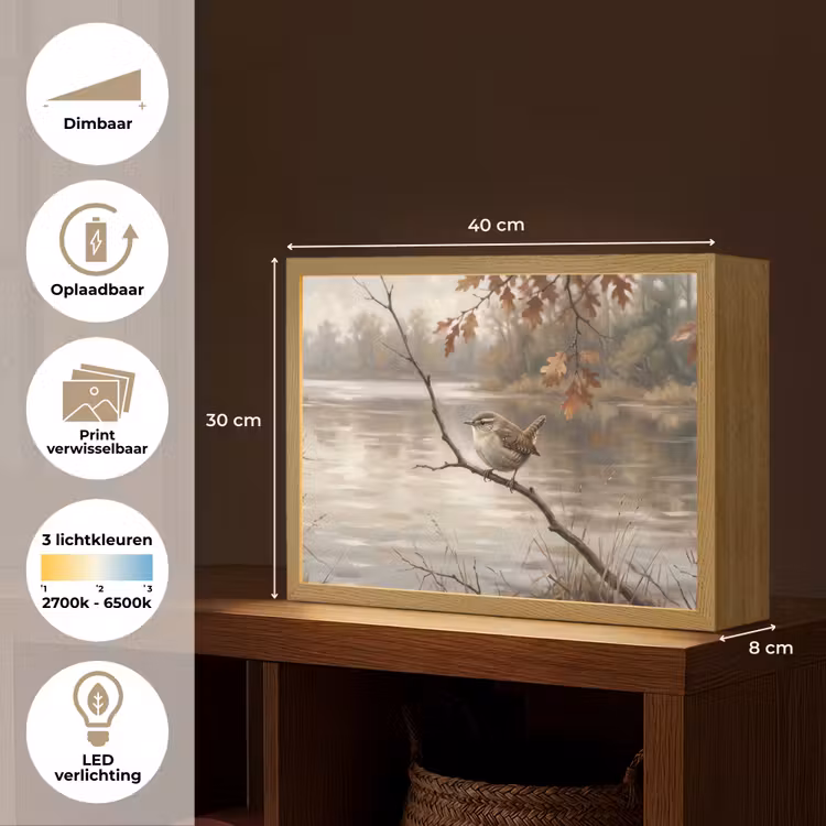 Lightbox - Wandlamp - Winterkoninkje - Tak - Rivier - Natuur - Sfeervol — 10
