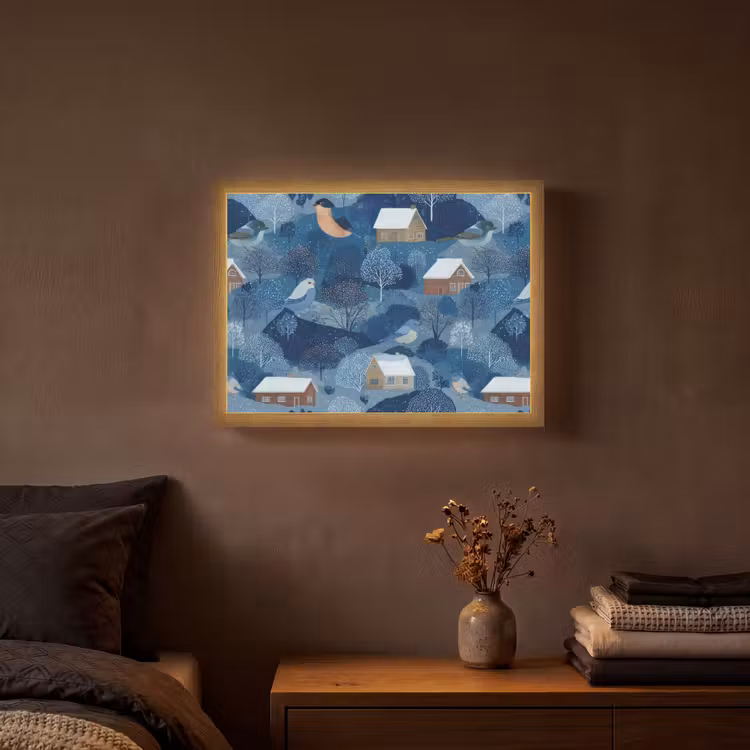 Lightbox - Wandlamp - Huisjes - Vogels - Sneeuw - Winter - Blauw — 3