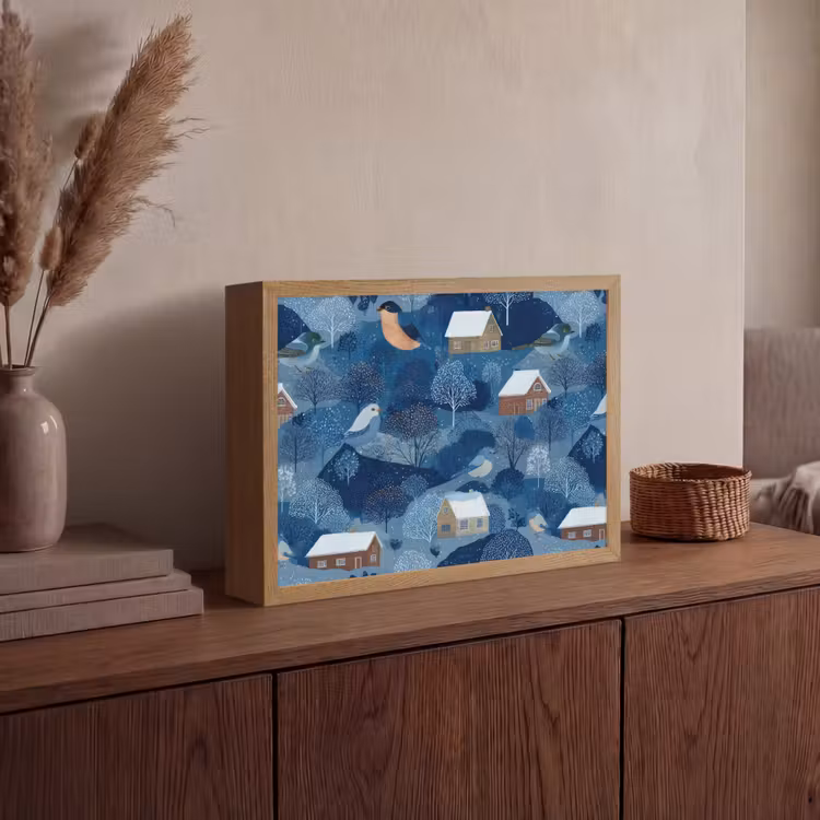 Lightbox - Wandlamp - Huisjes - Vogels - Sneeuw - Winter - Blauw — 4