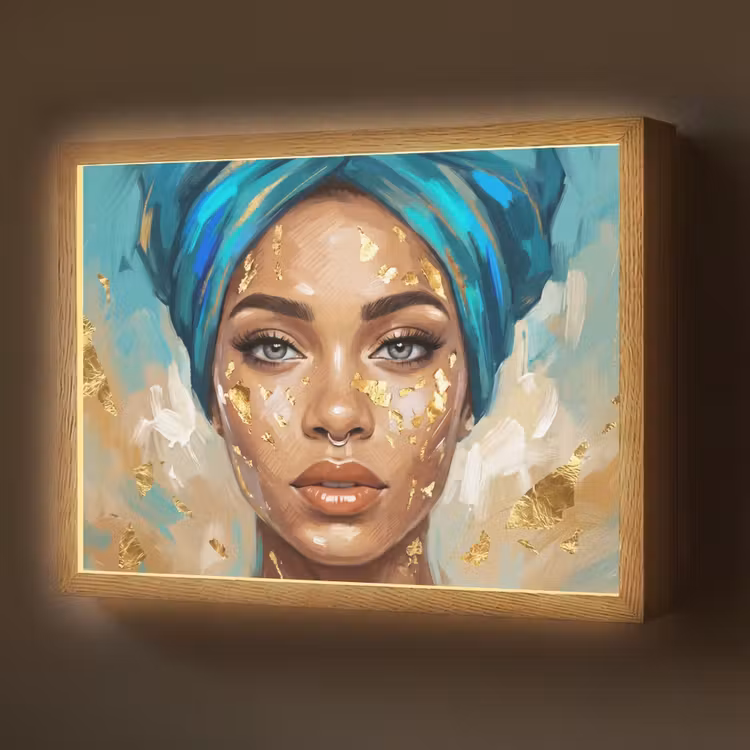 Lightbox - Wandlamp - Portret - Vrouw - Schilderij - Blauw - Goud - Expressief — 1