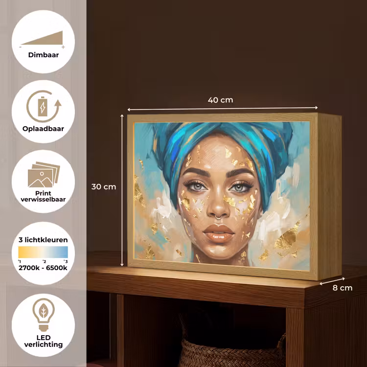 Lightbox - Wandlamp - Portret - Vrouw - Schilderij - Blauw - Goud - Expressief — 10