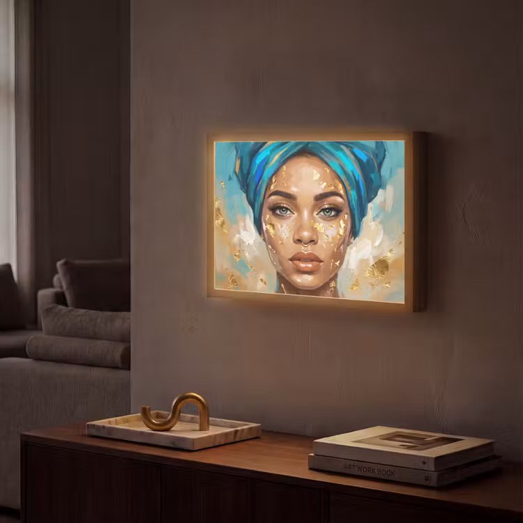 Lightbox - Wandlamp - Portret - Vrouw - Schilderij - Blauw - Goud - Expressief — 2
