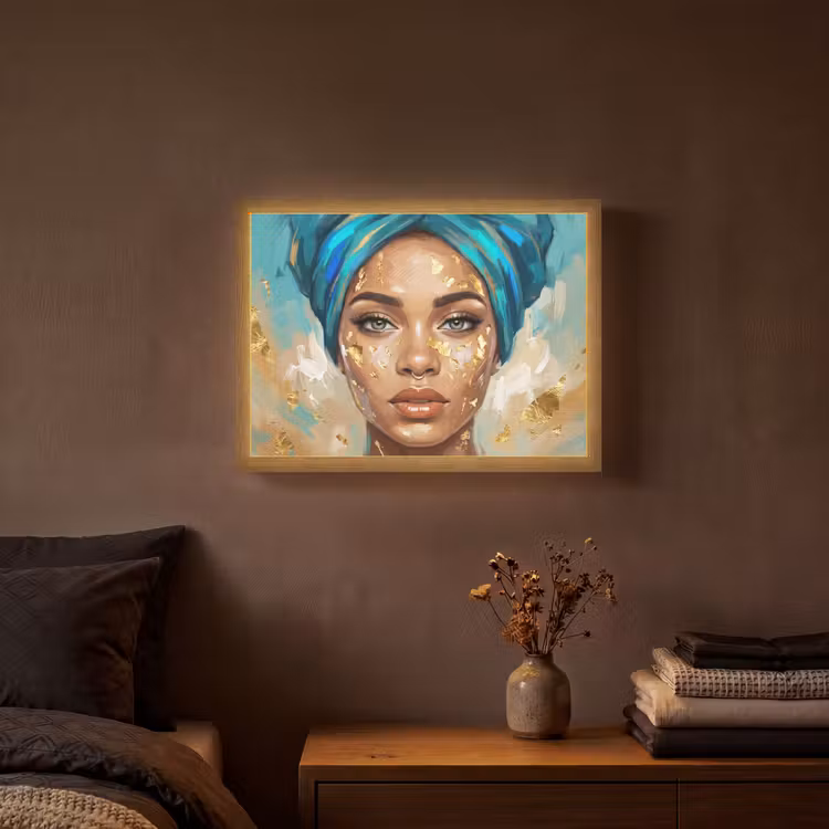 Lightbox - Wandlamp - Portret - Vrouw - Schilderij - Blauw - Goud - Expressief — 3