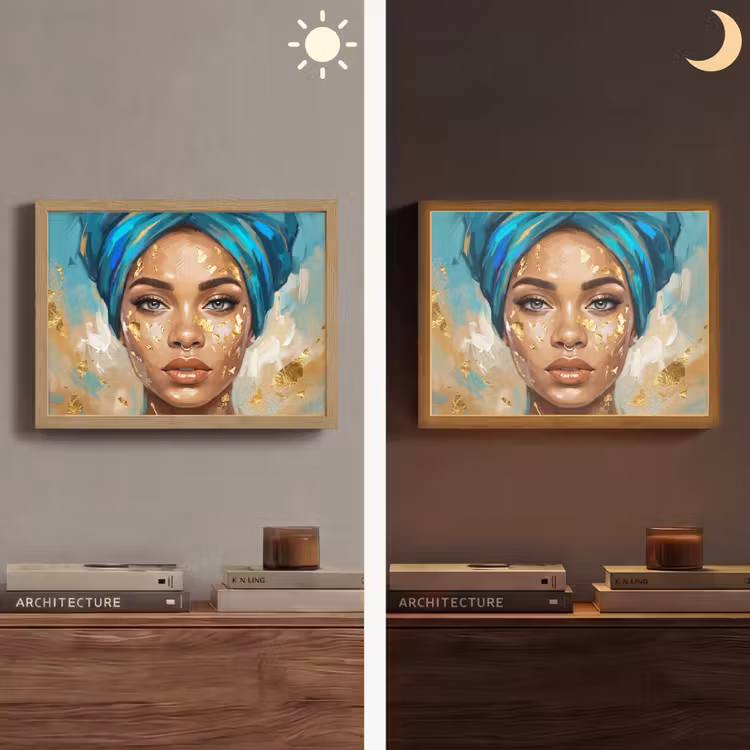 Lightbox - Wandlamp - Portret - Vrouw - Schilderij - Blauw - Goud - Expressief — 6