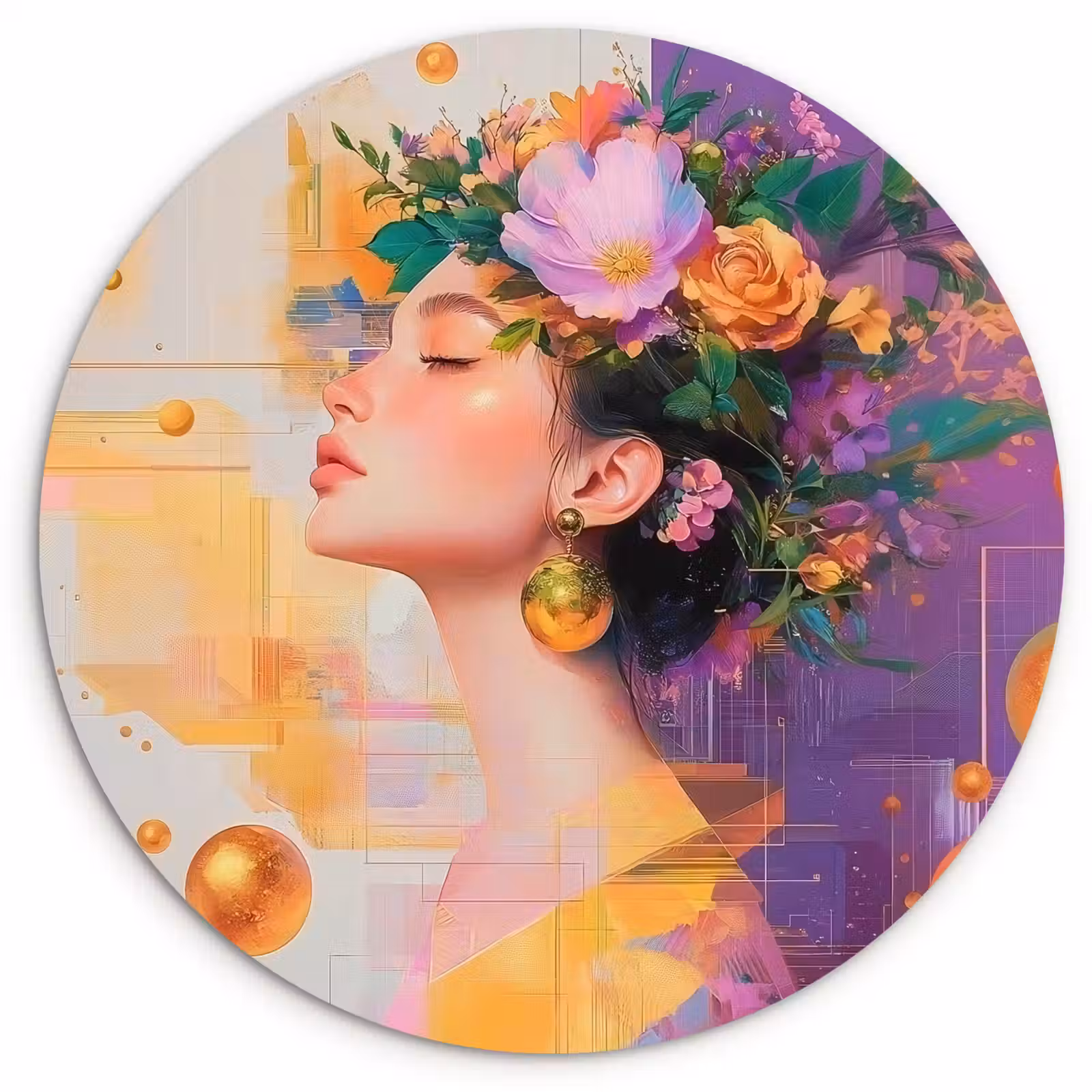 Muurcirkel - Abstract - Vrouw - Bloemenkroon - Goud — 1