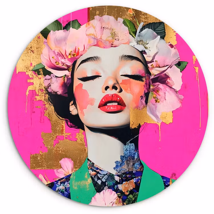 Muurcirkel - Bloemenkroon - Goud - Vrouw - Portret — 1