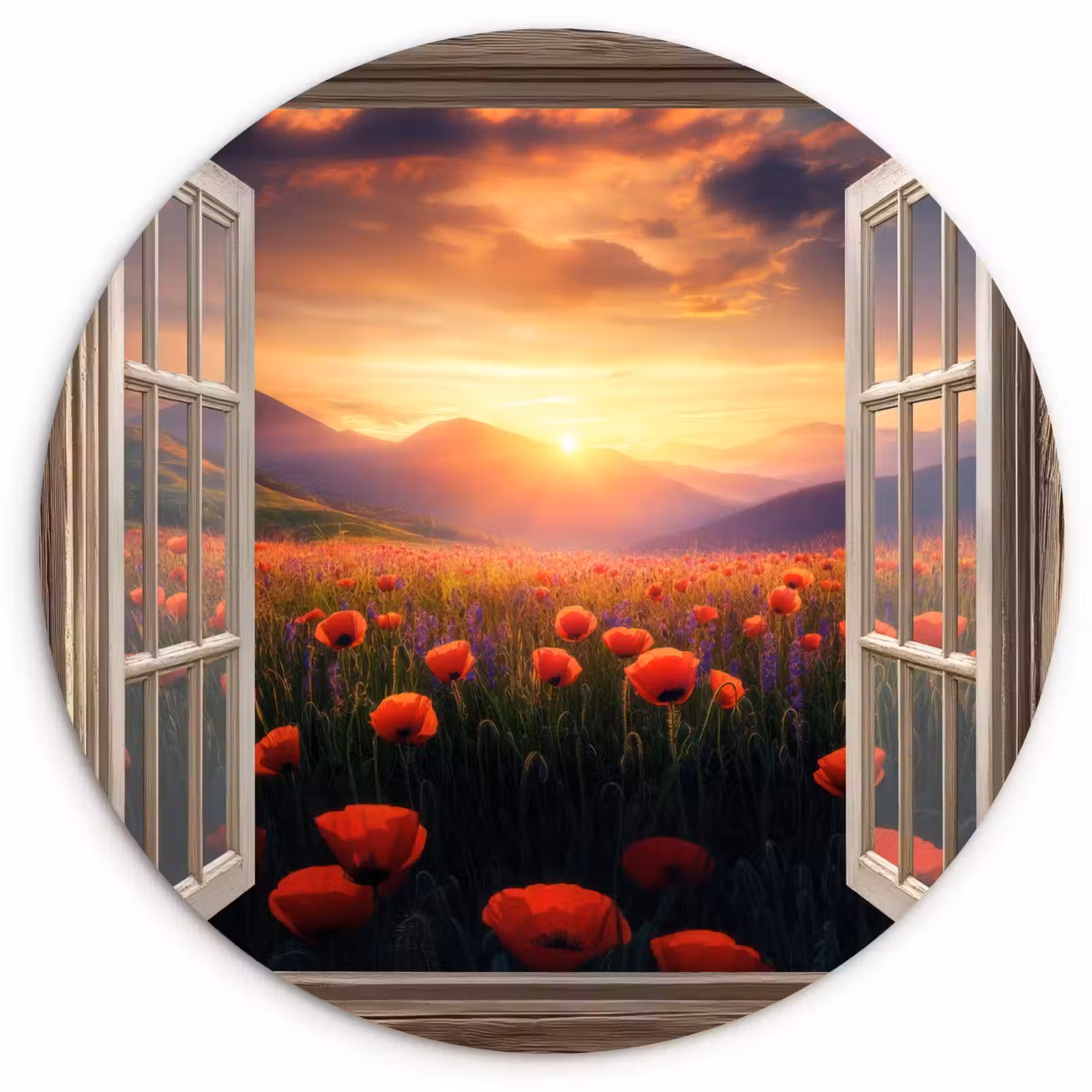 Muurcirkel - Doorkijk - Klaprozen - Bloemen - Rood - Open raam — 1