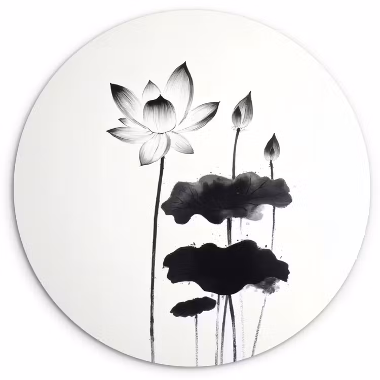 Muurcirkel - Bladeren - Zwart - Lotusbloem - Minimalitisch — 1