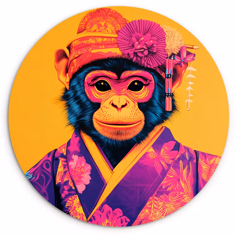 Muurcirkel - Aap - Kimono - Bloemen - Hoofdtooi — 1