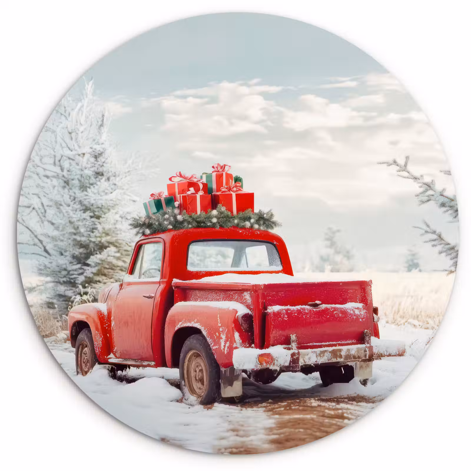 Muurcirkel - Auto - Rood - Cadeaus - Winter - Sneeuw - Kerst — 1