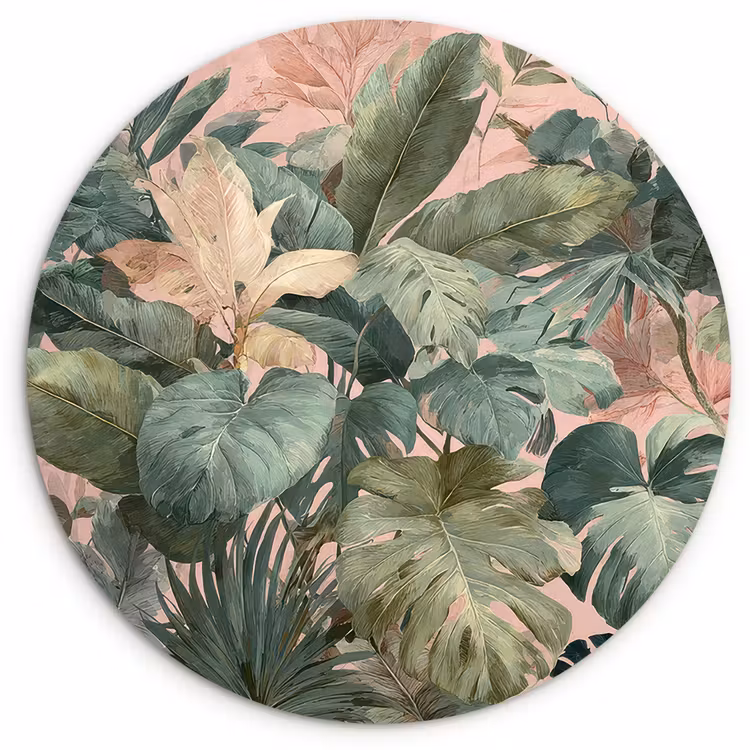 Muurcirkel - Compositie van bladeren - Groen - Roze — 1