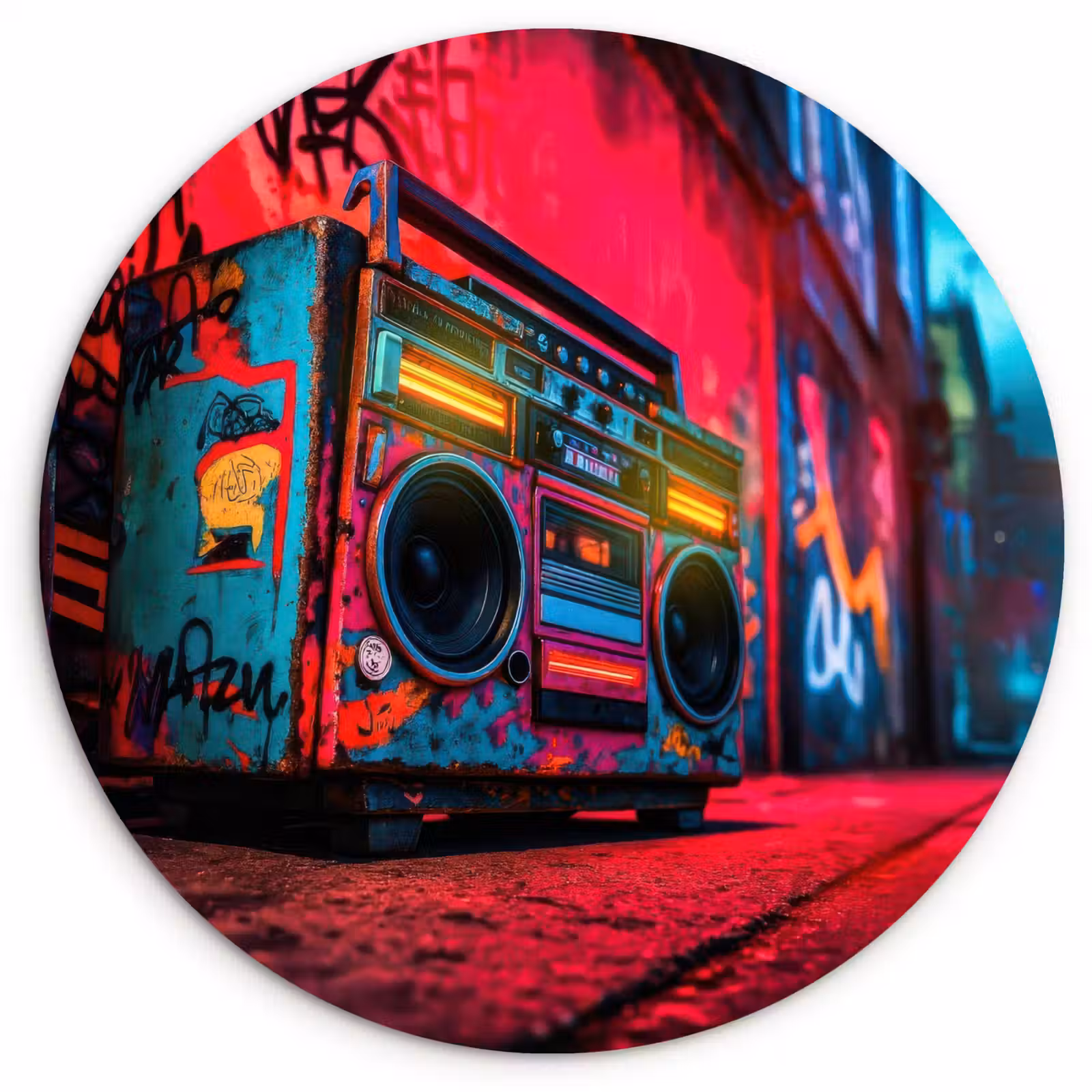 Muurcirkel - Boombox - Rood - Graffiti - Neon — 1