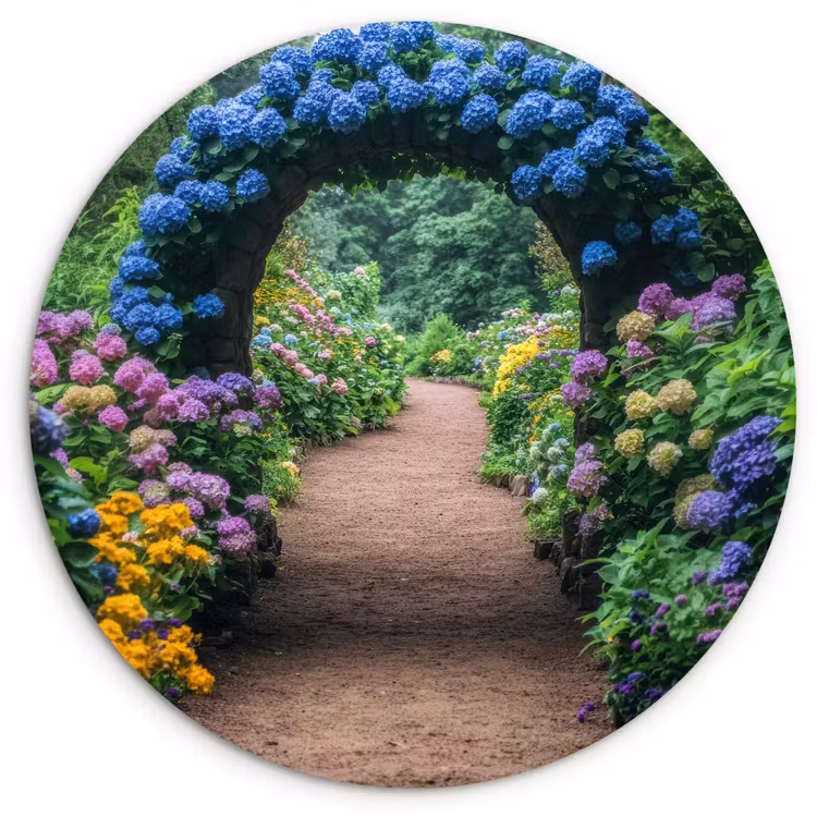 Muurcirkel - Doorkijk - Bloemen - Hortensia - Pad — 1
