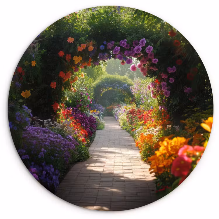 Muurcirkel - Doorkijk - Pad - Bloemen - Struik - Kleurrijk — 1