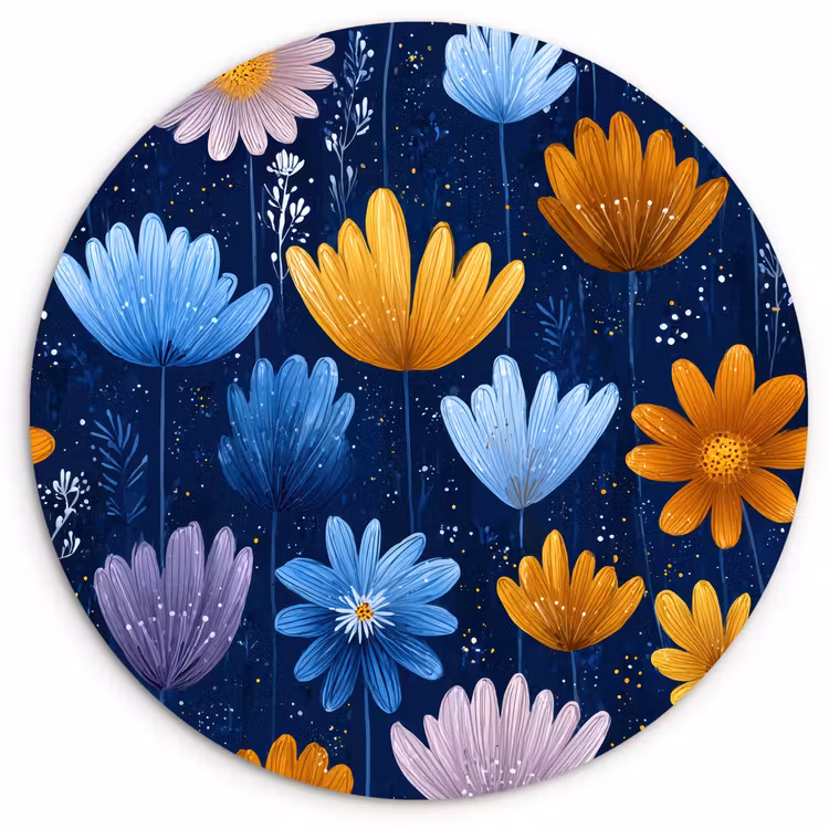 Muurcirkel - Bloemen - Patroon - Blauw - Contrast — 1