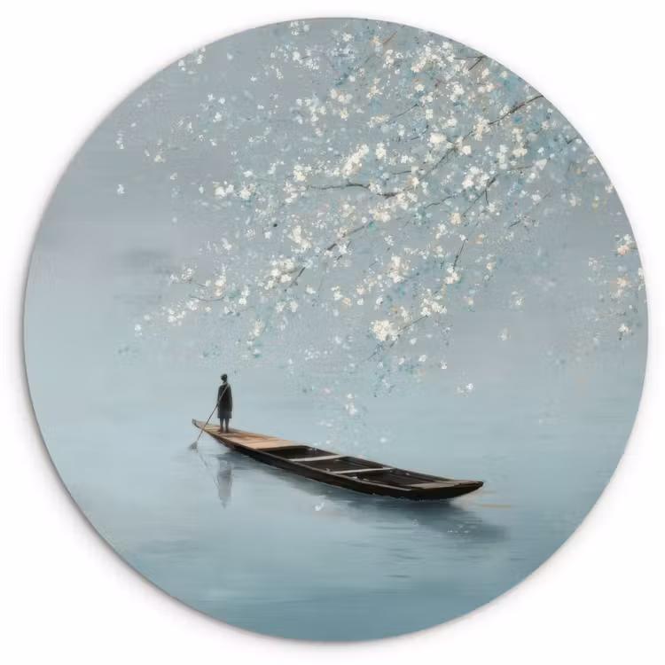 Muurcirkel - Bloesems - Minimalistisch - Wateroppervlak - Boot — 1