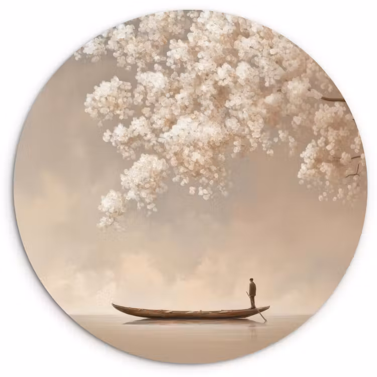 Muurcirkel - Bloesems - Wit - Boot - Minimalistisch — 1