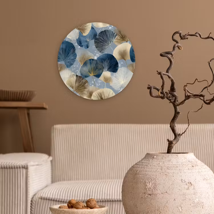 Muurcirkel - Bladeren - Abstract - Goud - Blauw — 2