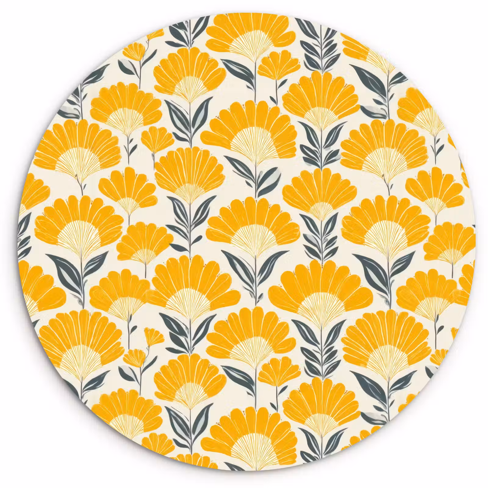 Muurcirkel - Bloemen - Retro - Botanisch - Okergeel - Grijs — 1