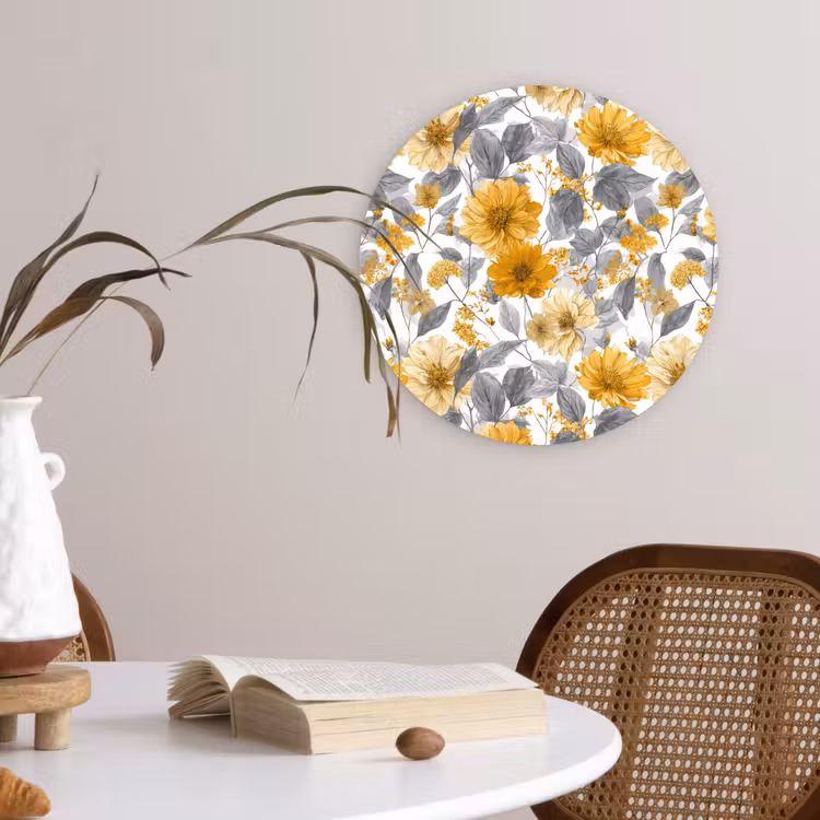 Muurcirkel - Bloemen - Botanisch - Elegant - Okergeel - Grijs — 4