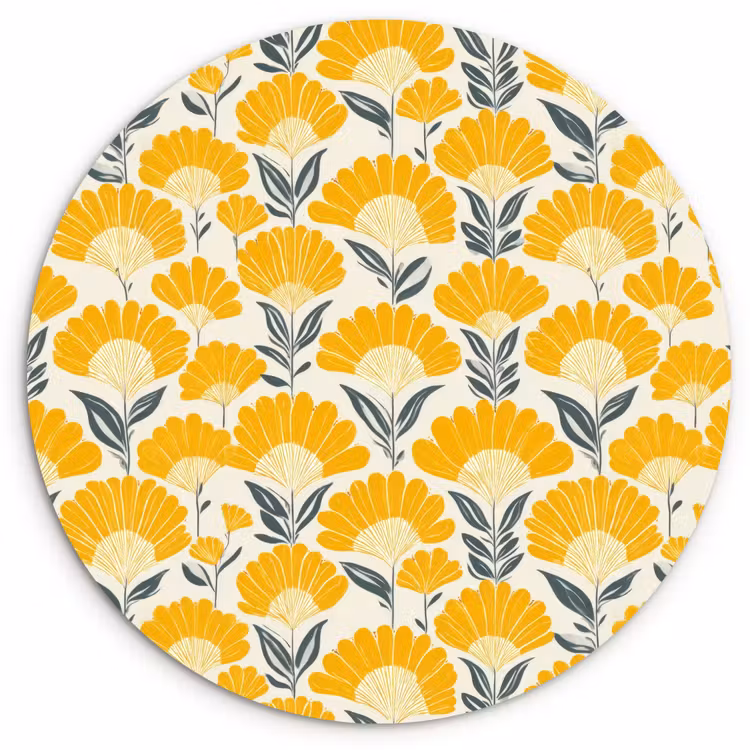 Muurcirkel - Bloemen - Retro - Botanisch - Okergeel - Grijs — 1
