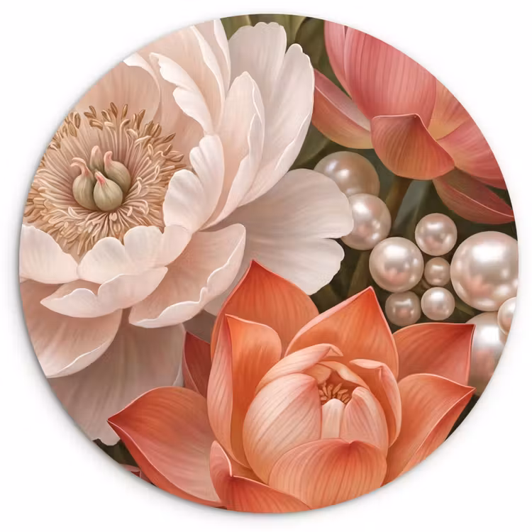Muurcirkel - Bloemen - Parels - Elegant - Roze - Wit — 1