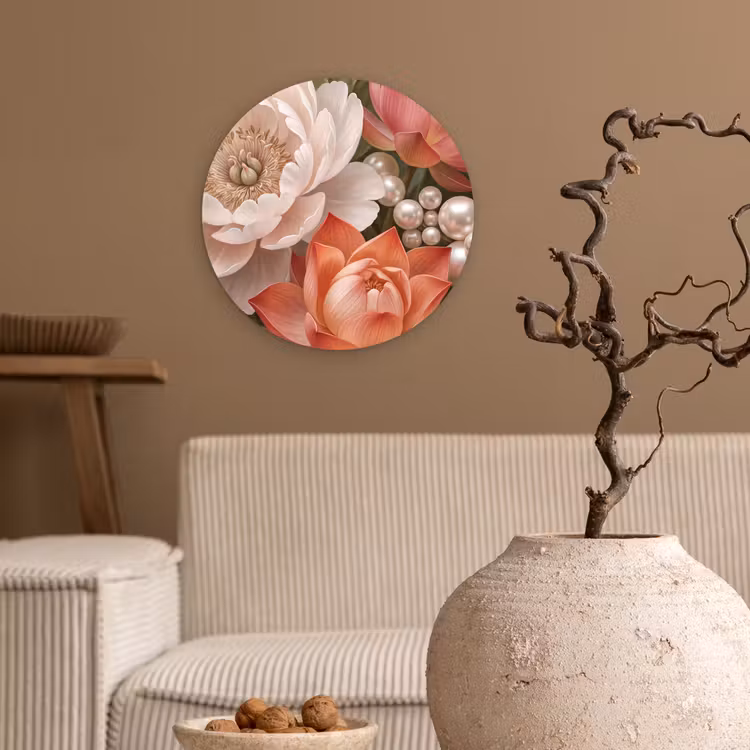 Muurcirkel - Bloemen - Parels - Elegant - Roze - Wit — 2