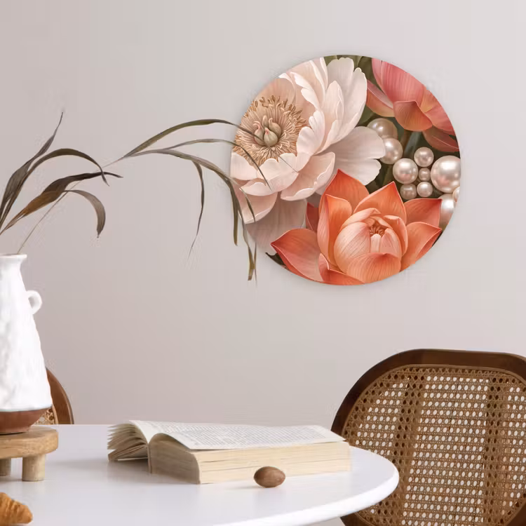 Muurcirkel - Bloemen - Parels - Elegant - Roze - Wit — 4