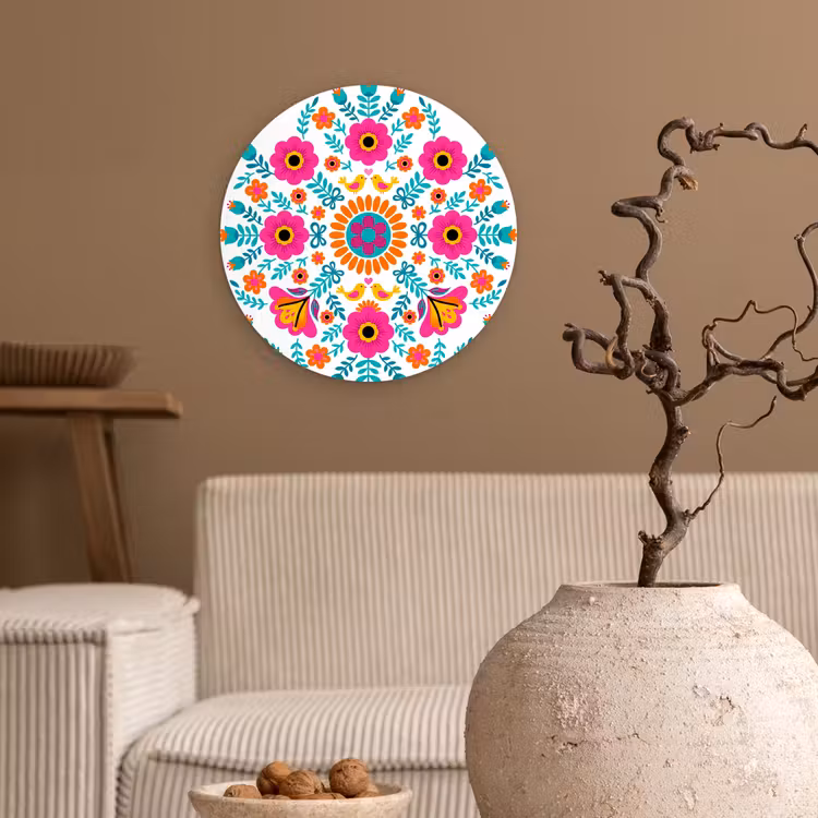 Muurcirkel - Bloemen - Vogel - Patroon - Kleurrijk - Modern — 2