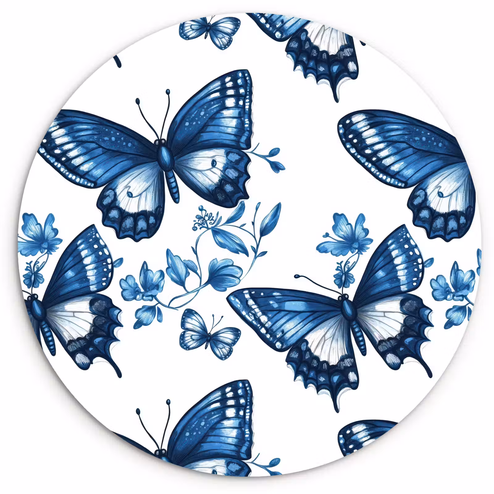 Muurcirkel - Blauw - Vlinders - Bloemen - Wit — 1