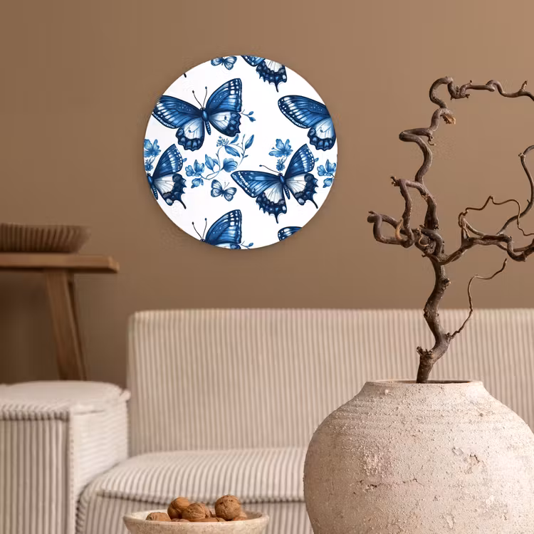 Muurcirkel - Blauw - Vlinders - Bloemen - Wit — 2