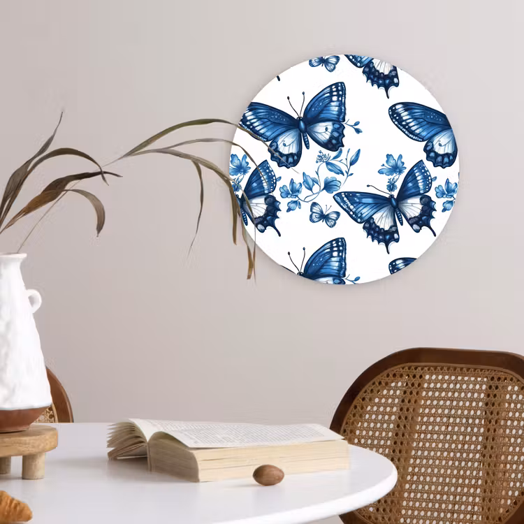 Muurcirkel - Blauw - Vlinders - Bloemen - Wit — 4