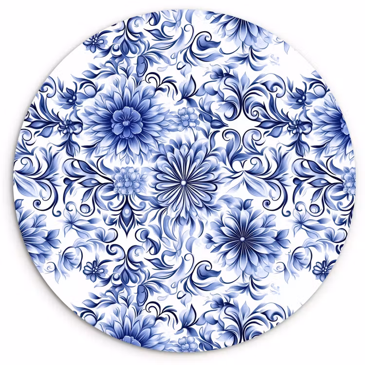 Muurcirkel - Bloemen - Blauw - Patroon - Wit — 1