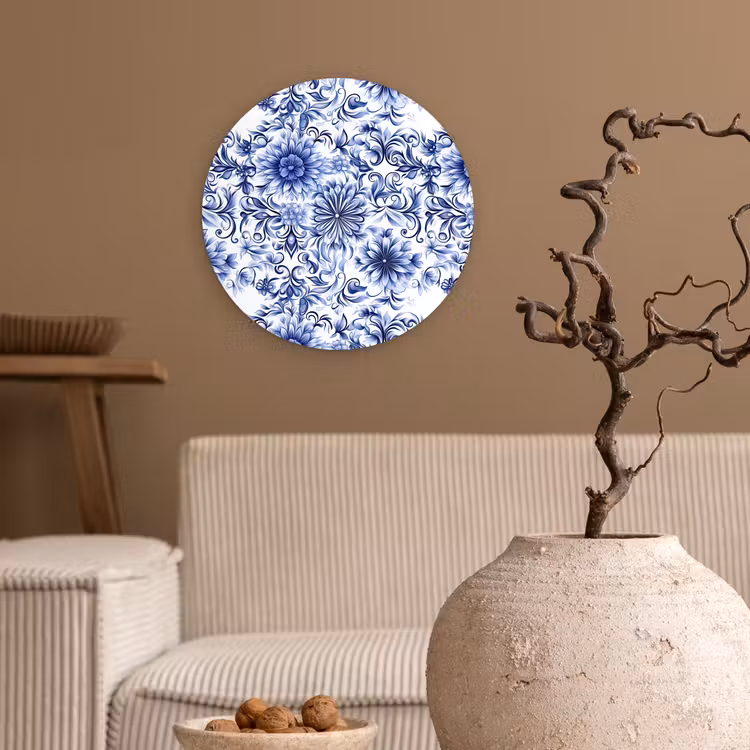 Muurcirkel - Bloemen - Blauw - Patroon - Wit — 2