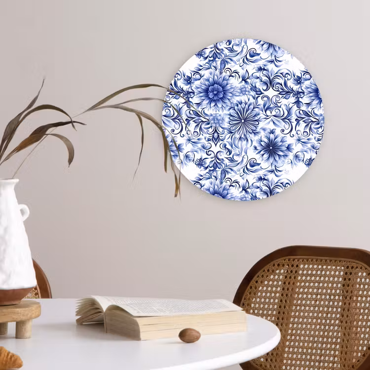 Muurcirkel - Bloemen - Blauw - Patroon - Wit — 4