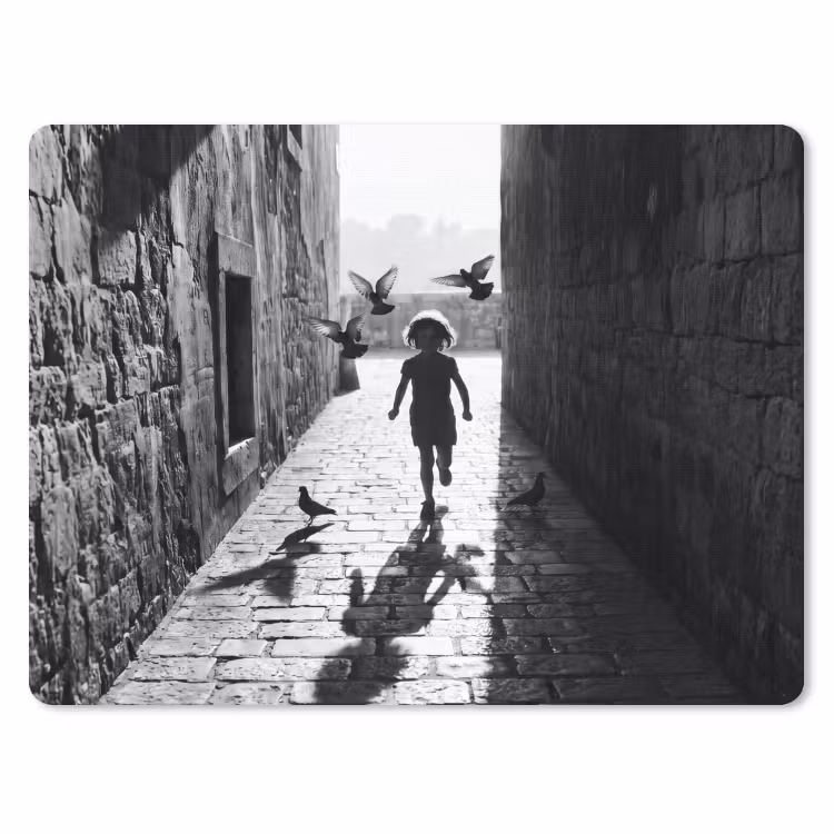 Muismat - Kind - Vogel - Straat - Zwart-wit - Spelen — 1