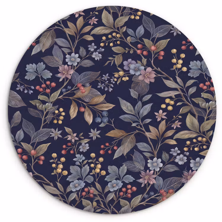 Muurcirkel - Bloemen - Bladeren - Patroon - Botanisch - Donkerblauw — 1