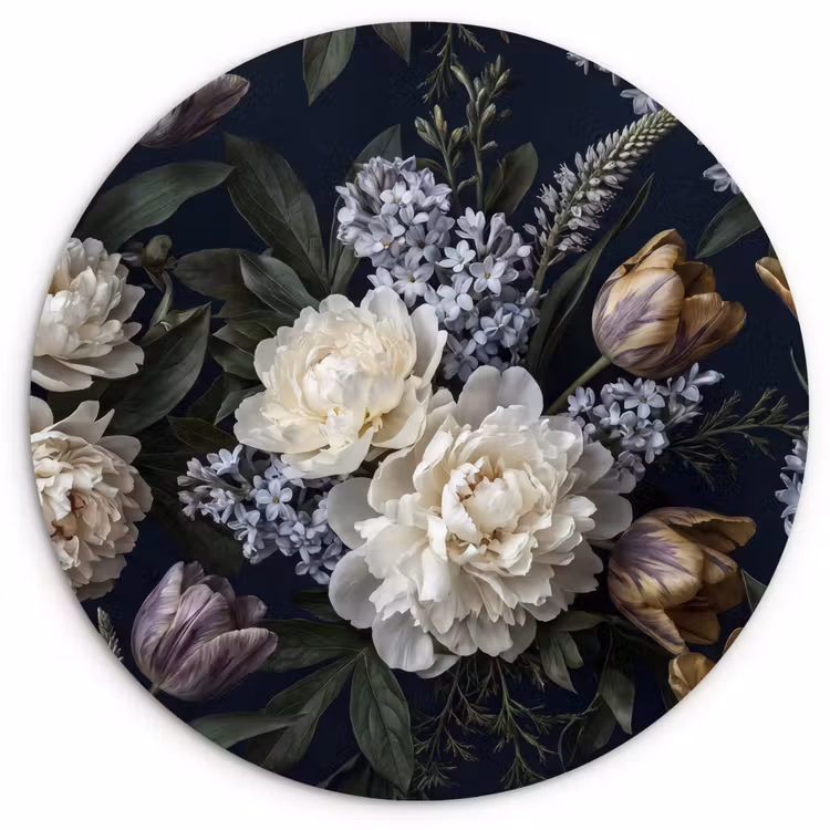 Muurcirkel - Bloemen - Donker - Elegant - Natuur - Wit — 1