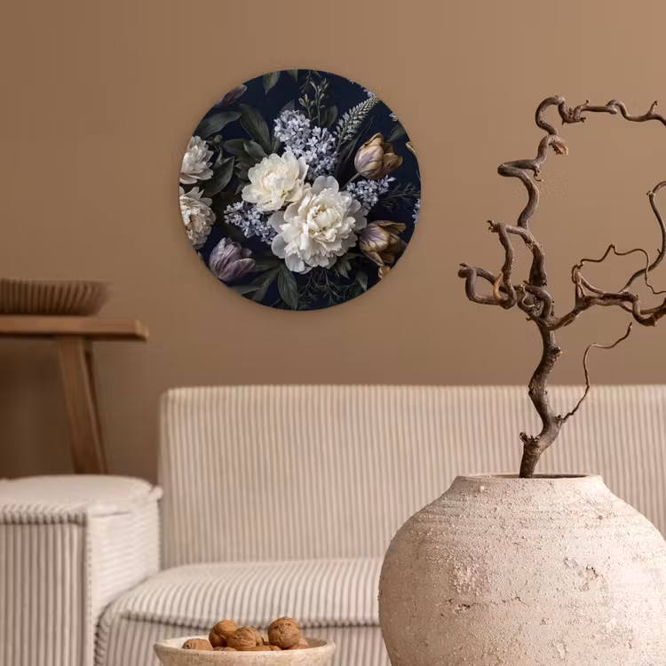 Muurcirkel - Bloemen - Donker - Elegant - Natuur - Wit — 2