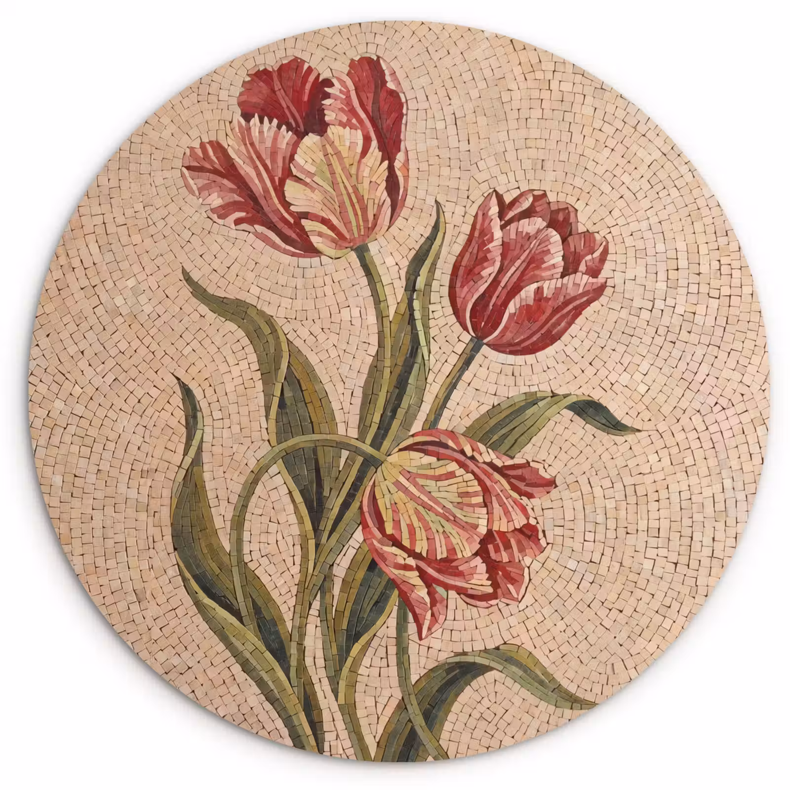 Muurcirkel - Bloemen - Mozaïek - Rood - Groen - Kunst — 1