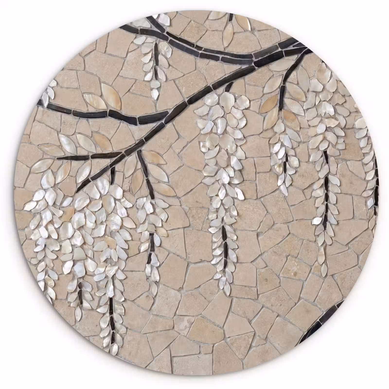 Muurcirkel - Boom - Bloemen - Mozaïek - Kunst - Wit — 1