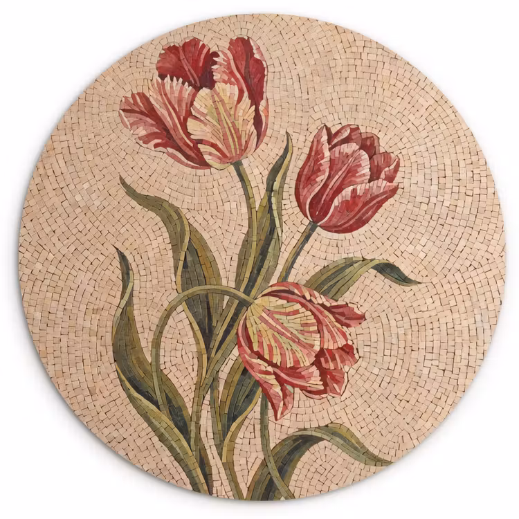 Muurcirkel - Bloemen - Mozaïek - Rood - Groen - Kunst — 1