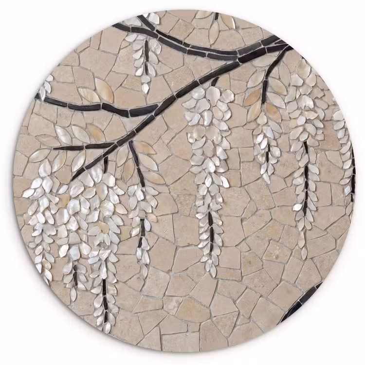 Muurcirkel - Boom - Bloemen - Mozaïek - Kunst - Wit — 1
