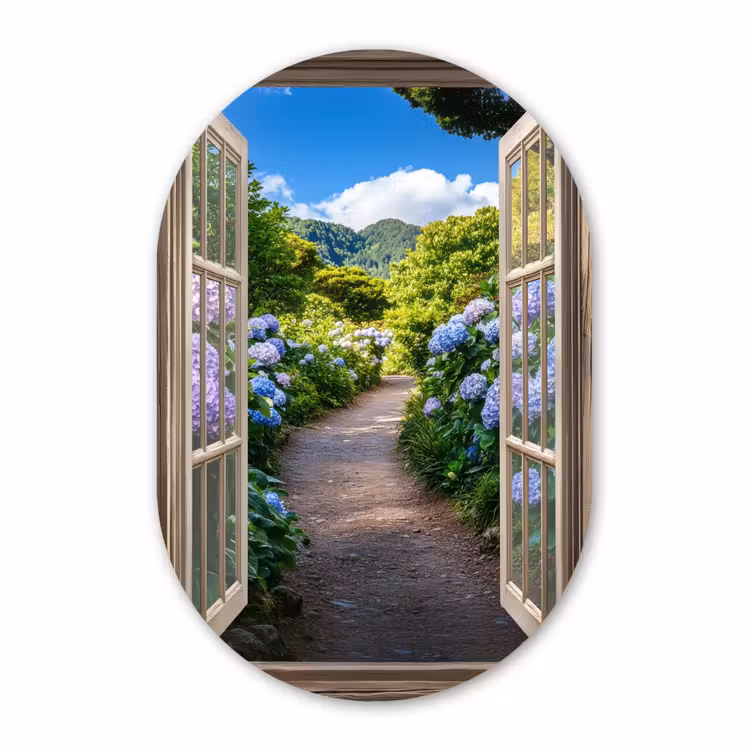 Muurovaal aluminium - Doorkijk - Hortensia - Pad - Natuur — 1