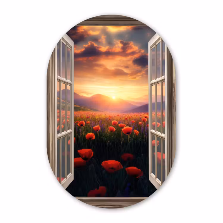 Muurovaal aluminium - Doorkijk - Klaprozen - Bloemen - Rood - Open raam — 1